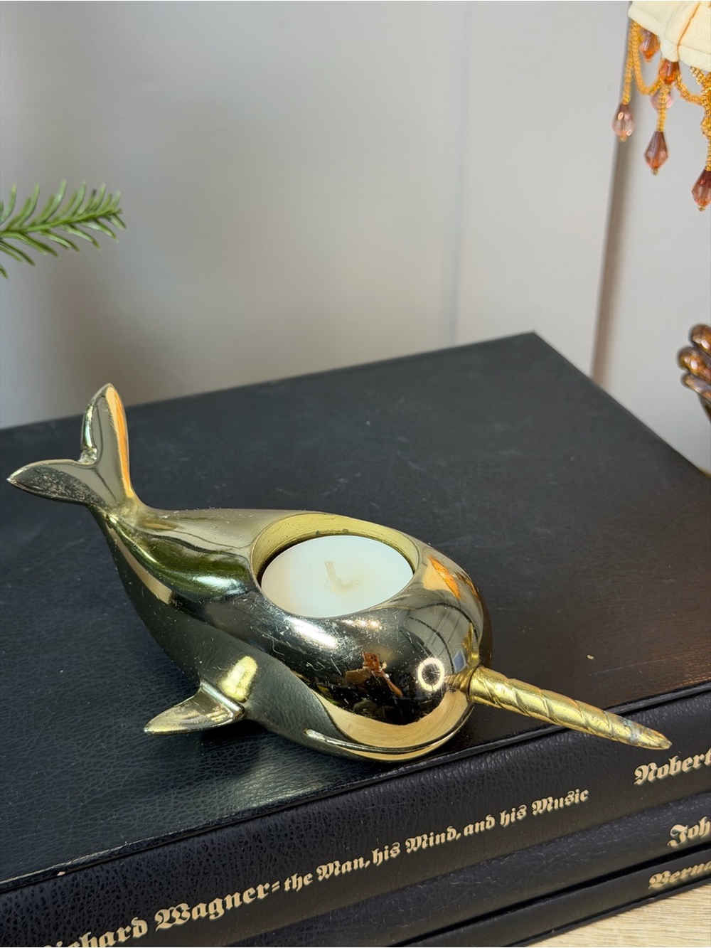 Large Gold Brass Narwhal Votive Candle Holder 7”